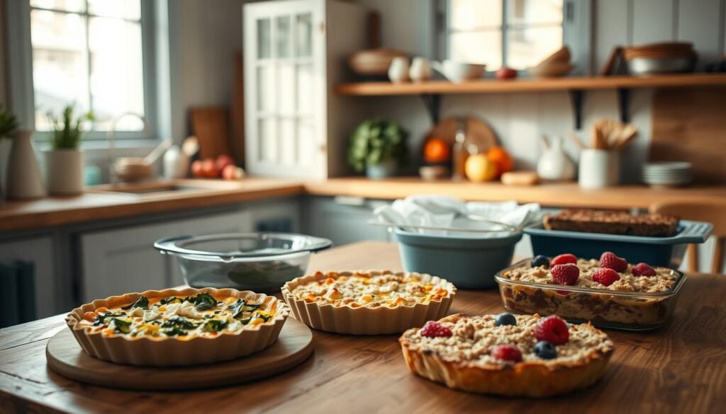 A cozy, minimal kitchen interior with wooden textures and light blue accents. In the foreground, an array of creative breakfast casserole variations are artfully arranged on a rustic wooden table - a savory quiche with spinach and feta, a fluffy frittata with roasted vegetables, and a sweet, fruity strata with berries and streusel topping. The middle ground showcases various baking dishes, utensils, and fresh produce, hinting at the culinary possibilities. The background features a bright window, casting a warm, natural light across the scene, emphasizing the homey, inviting atmosphere. The overall composition conveys a sense of culinary inspiration and the promise of a delicious, nourishing breakfast experience.