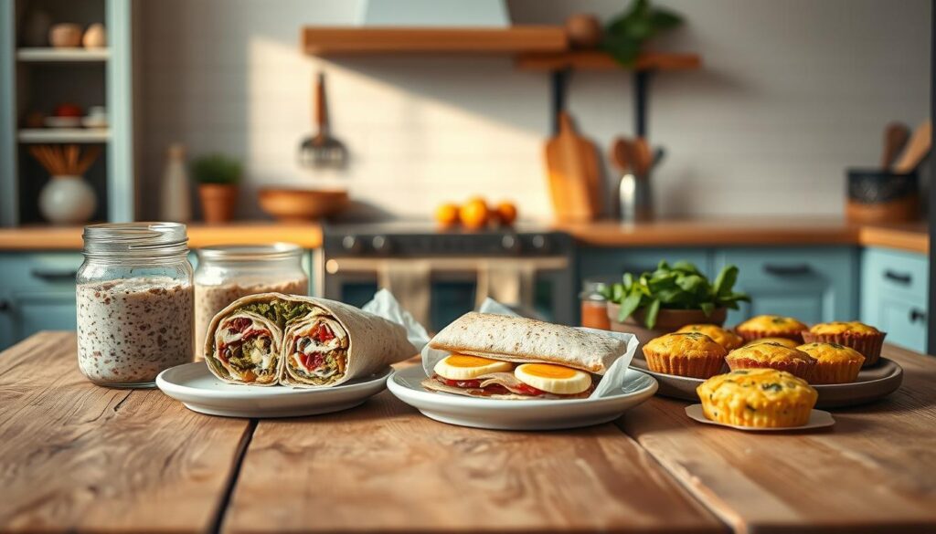 A cozy, minimal kitchen interior with wooden textures and light blue accents. In the foreground, a variety of creative make-ahead breakfast recipes are artfully arranged on a rustic wooden table, including overnight oats, breakfast burritos, and frittata muffins. Soft, warm lighting casts a gentle glow, highlighting the textures and colors of the fresh, appetizing dishes. In the background, a simple, minimalist backsplash and shelves add to the clean, inviting atmosphere. The scene conveys a sense of effortless culinary inspiration, perfect for readers seeking new breakfast ideas to prepare in advance.