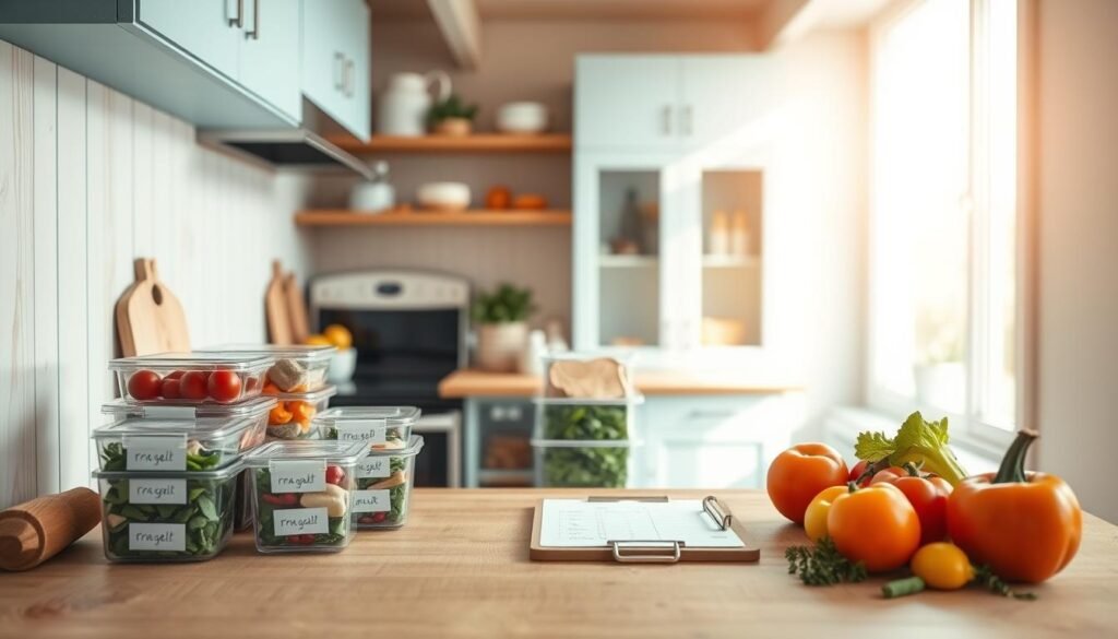 A cozy, minimal kitchen interior with wooden textures and light blue accents. In the center, a neatly organized freezer meal prep station. Glass containers, reusable labels, and a clipboard with handwritten notes are arranged on a wooden countertop. Colorful fresh produce and herbs add pops of natural vibrance. The lighting is soft and diffused, creating a serene, welcoming atmosphere. A large window in the background allows natural light to flood the space, casting gentle shadows. The overall mood is one of efficiency, organization, and inspired meal planning.