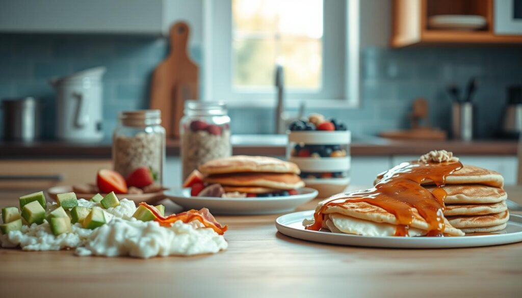 A cozy, minimal kitchen scene featuring a variety of protein-packed breakfast dishes. In the foreground, a wooden table displays an array of freshly prepared meals - fluffy scrambled eggs with diced avocado, crisp bacon slices, and a stack of whole-grain pancakes drizzled with maple syrup. In the middle ground, a glass jar of overnight oats and a bowl of Greek yogurt topped with berries and nuts stand out against the light blue backsplash. Warm, natural lighting filters in through a window, casting a soft glow across the scene. The overall atmosphere is one of simple, nourishing sustenance - the perfect start to a stress-free school morning.