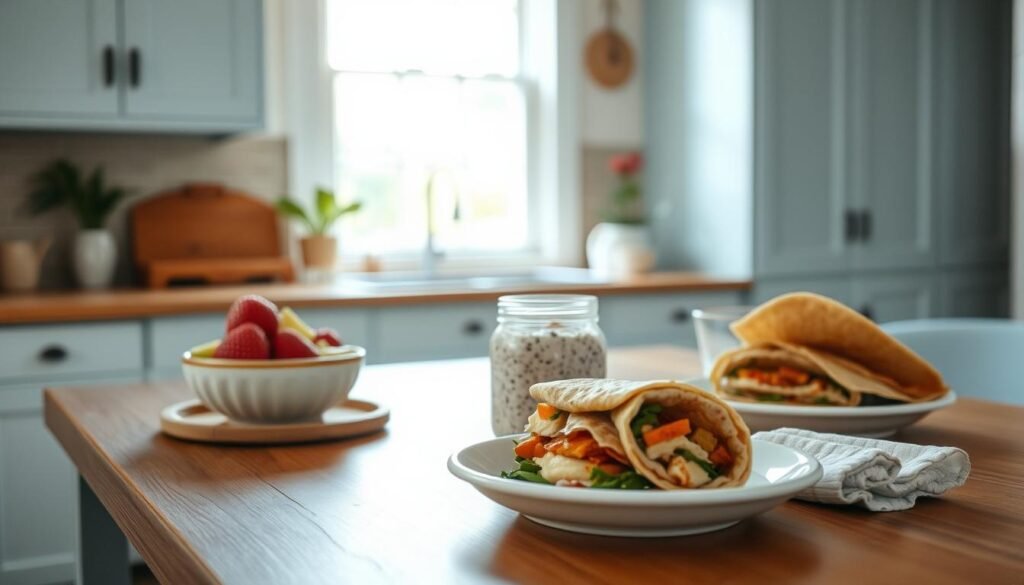 A cozy, minimal kitchen scene with a wooden table and light blue accent cabinets. On the table, an assortment of make-ahead breakfast recipes neatly arranged - fresh fruit, overnight oats, chia pudding, and breakfast burritos. Soft, natural lighting filters in through a window, casting a warm glow on the scene. The mood is relaxed and inviting, capturing the ease and convenience of meal prepping healthy, delicious breakfasts. The focus is on the variety of make-ahead options, showcasing their simplicity and appeal for busy mornings.