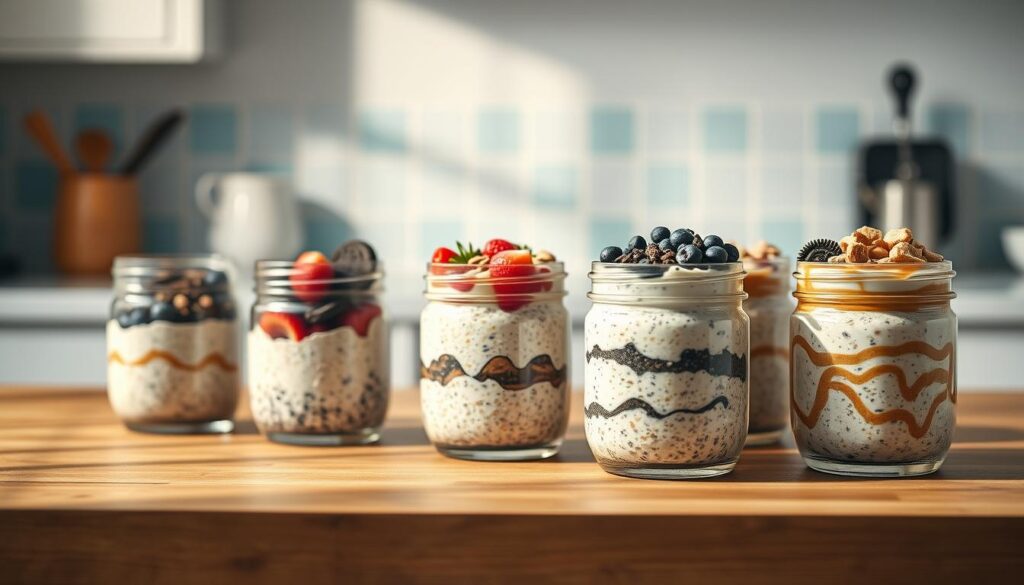 A cozy, minimal kitchen scene with a wooden table or countertop in the foreground. Arranged in a visually appealing display are various overnight oats variations, each with unique toppings and mix-ins. Soft natural lighting illuminates the scene, highlighting the textures and colors of the different oat dishes - such as creamy oats with crushed Oreos, fresh berries and nuts, or swirls of peanut butter and chocolate. The background features light blue accents, perhaps a tile backsplash or a simple wall color, creating a calming and inviting atmosphere that inspires culinary creativity.