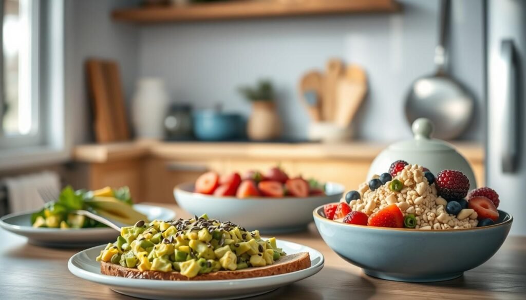 A cozy, minimal kitchen scene with warm wooden textures and light blue accents. In the foreground, a visually appealing assortment of vegetarian protein-rich breakfast options - soy-based scrambled tofu, avocado toast with hemp seeds, and a quinoa breakfast bowl with fresh berries and chopped nuts. The scene is bathed in soft, natural lighting, creating a welcoming and inviting atmosphere. The arrangement of the dishes and ingredients is carefully composed, showcasing the vibrant colors and textures of the nutritious vegetarian breakfast spread.