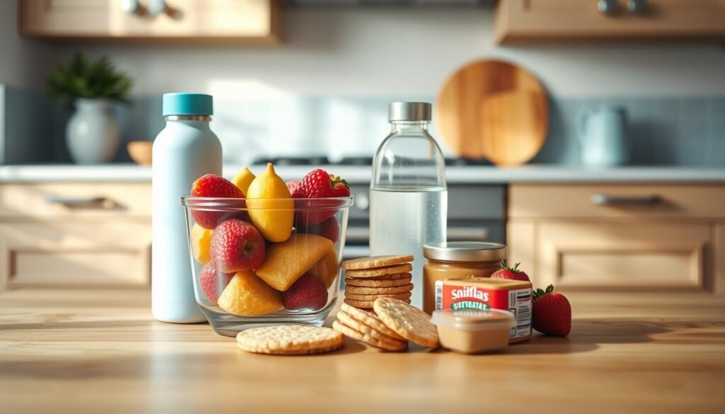 A cozy minimal kitchen scene with wooden textures and light blue accents. In the center, an arrangement of no-heat lunchbox components - a glass container filled with fresh fruits, a reusable water bottle, a stack of whole grain crackers, and a small container of nut butter. The lighting is soft and natural, casting gentle shadows. The camera angle is slightly elevated, capturing the scene in a clean, uncluttered composition that showcases the thoughtfully selected lunchbox items.
