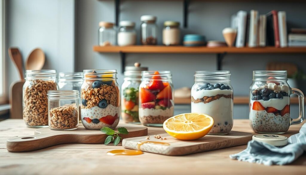 A cozy, minimal kitchen scene with wooden textures and light blue accents. In the foreground, an assortment of mason jars filled with tempting breakfast creations - granola, overnight oats, fresh fruit, and creamy yogurt. Soft natural lighting bathes the scene, highlighting the vibrant colors and textures of the ingredients. In the middle ground, a cutting board with sliced citrus, herbs, and a drizzle of honey, suggesting the homemade, artisanal nature of these portable breakfast jars. The background features simple shelves displaying jars, cookbooks, and other kitchen essentials, creating a sense of organization and culinary inspiration.