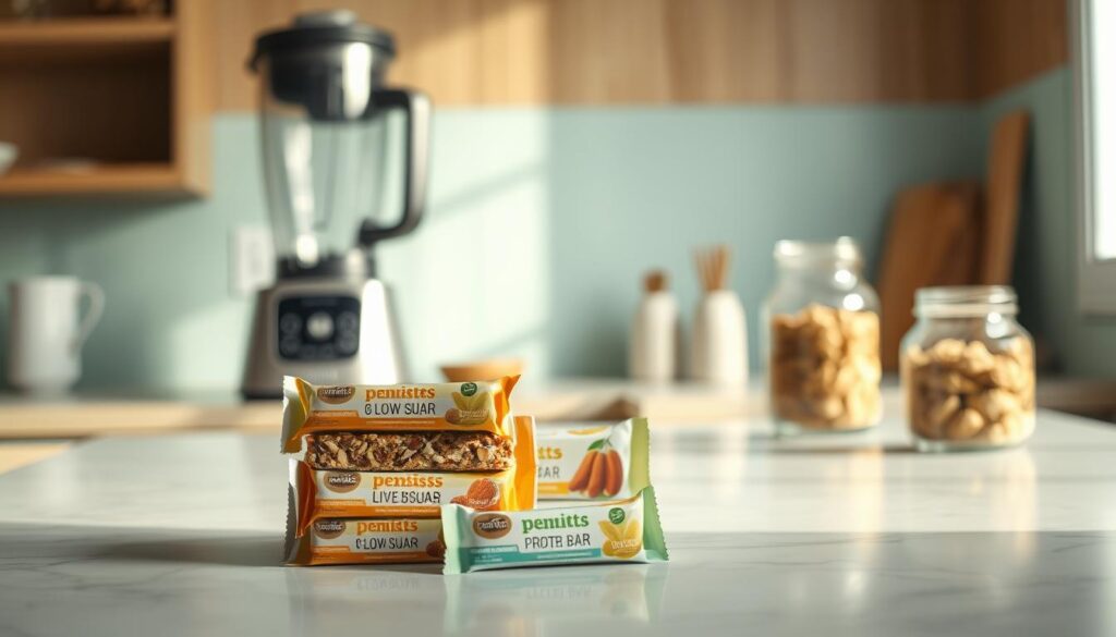 A cozy, minimal kitchen scene with wooden textures and light blue accents. In the foreground, an assortment of low-sugar breakfast protein bars neatly arranged on a marble countertop, their vibrant packaging and clean labeling showcasing their natural, unprocessed ingredients. Behind them, a sleek, stainless steel blender and a glass jar filled with nuts and dried fruits, hinting at a health-conscious lifestyle. Soft, natural lighting filters in through a window, casting a warm glow over the scene and creating a sense of inviting simplicity. The overall atmosphere conveys a well-curated, functional space dedicated to mindful nutrition.