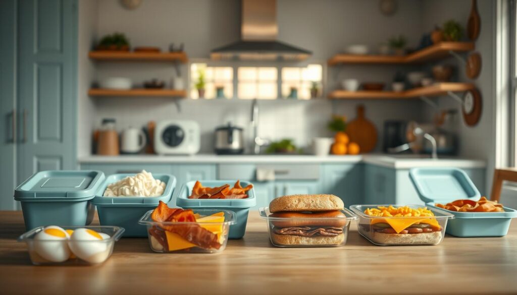 A cozy, minimal kitchen scene with wooden textures and light blue accents. In the foreground, a variety of meal prep containers, each showcasing a different customization option - fluffy egg whites, crispy bacon, juicy sausage, melted cheese, fresh vegetables. The middle ground features a pristine white countertop, with small appliances and tools for assembling the breakfast sandwiches. The background is a softly-lit, airy space, hinting at the morning sun streaming in through the windows. The overall mood is one of inviting simplicity, highlighting the creative potential of a humble breakfast staple.