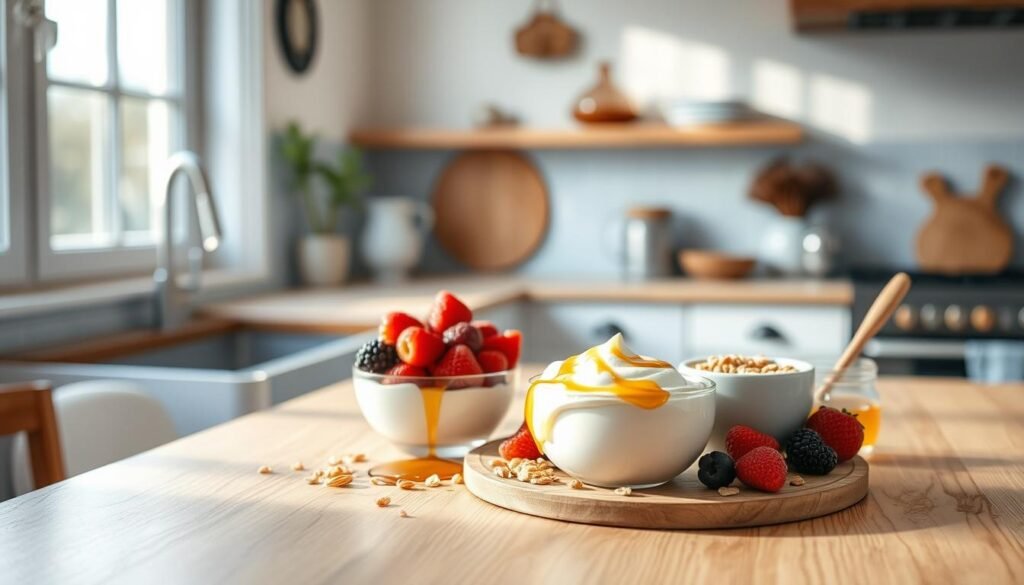 A cozy, minimal kitchen setting with warm wooden textures and light blue accents. On the countertop, a variety of simple, nourishing breakfast ingredients are artfully arranged: fresh berries, creamy yogurt, crunchy granola, and a drizzle of honey. The natural lighting from large windows casts a soft, inviting glow, and the overall atmosphere conveys a sense of ease and simplicity. The image should focus on the quick, low-sugar breakfast recipes, capturing their vibrant colors, textures, and presentation in an appetizing and visually appealing way.