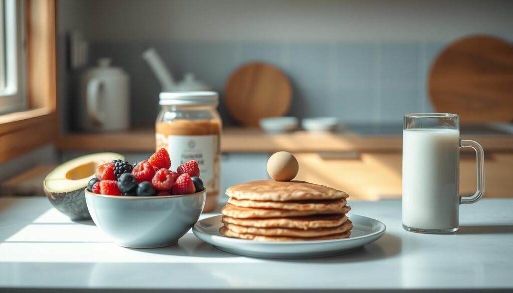 A cozy, minimal kitchen setting with warm wooden tones and light blue accents. On the counter, an assortment of vegan breakfast ingredients - sliced avocado, a bowl of fresh berries, a jar of almond butter, a stack of whole grain pancakes, and a glass of plant-based milk. Soft, natural lighting illuminates the scene, casting gentle shadows. The arrangement conveys a sense of simplicity and wholesome nourishment, perfect for a low-sugar vegan breakfast.