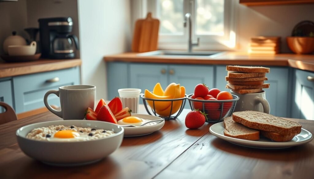 A cozy, minimal kitchen setting with wooden countertops and light blue accents. In the foreground, a selection of budget-friendly breakfast options such as oatmeal, fried eggs, and fresh fruit, arranged neatly on a wooden table. The middle ground features a simple coffee maker and a stack of whole grain toast. The background showcases the kitchen's clean lines and natural light streaming through a window, creating a warm and inviting atmosphere. The overall scene conveys an effortless and accessible approach to preparing a satisfying, cost-effective breakfast.