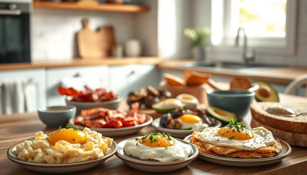 A cozy, minimal kitchen setting with wooden textures and light blue accents. In the foreground, a variety of egg-based breakfast dishes - fluffy scrambled eggs, perfectly poached eggs, and delicate omelets garnished with fresh herbs. The middle ground showcases a selection of accompanying ingredients such as crisp bacon, sautéed mushrooms, ripe avocado slices, and toasted whole grain bread. The background features a clean, airy atmosphere with natural light filtering in through a window, casting a warm glow over the scene. The overall mood is one of simplicity, comfort, and the promise of a nourishing, satisfying start to the day.
