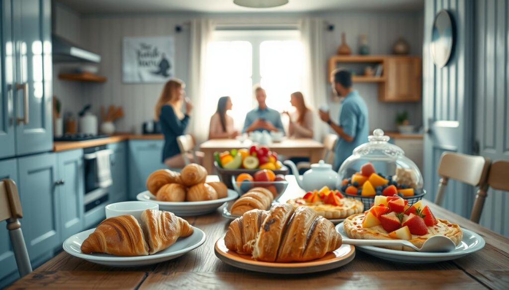 A cozy, minimal kitchen setting with wooden textures and light blue accents. In the foreground, an array of freshly baked breakfast dishes, including flaky croissants, fluffy quiches, and vibrant fruit salad, arranged on a rustic wooden table. In the middle ground, a group of people engaged in lively conversation, sipping steaming cups of coffee and tea. The background features a bright, sun-drenched window, allowing natural light to flood the space and create a warm, inviting atmosphere. The overall scene conveys a sense of relaxation and togetherness, perfectly capturing the essence of a make-ahead breakfast brunch crowd.