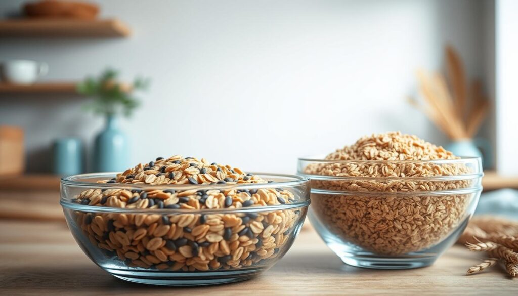 A cozy, minimal kitchen setting with wooden textures and light blue accents. In the foreground, a glass bowl filled with vibrant soluble fiber sources like oats, chia seeds, and flaxseeds. In the middle ground, another glass bowl containing insoluble fiber-rich ingredients such as wheat bran, brown rice, and whole-wheat bread crumbs. The background features a clean, uncluttered wall with soft, natural lighting illuminating the scene. The composition emphasizes the visual contrast between the two fiber types, inviting the viewer to explore their distinct properties and benefits for digestive health.
