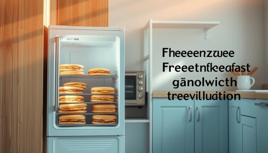 A cozy, minimal kitchen setting with wooden textures and light blue accents. In the foreground, a freezer door stands ajar, revealing a neatly organized array of frozen breakfast sandwiches. Rays of warm, natural light stream in, casting a soft glow on the scene. In the middle ground, a sleek, stainless steel toaster oven waits, ready to bring these frozen delights to life. The background features a simple, uncluttered shelving unit, hinting at a commitment to efficiency and organization. The overall atmosphere conveys a sense of artful simplicity, celebrating the 