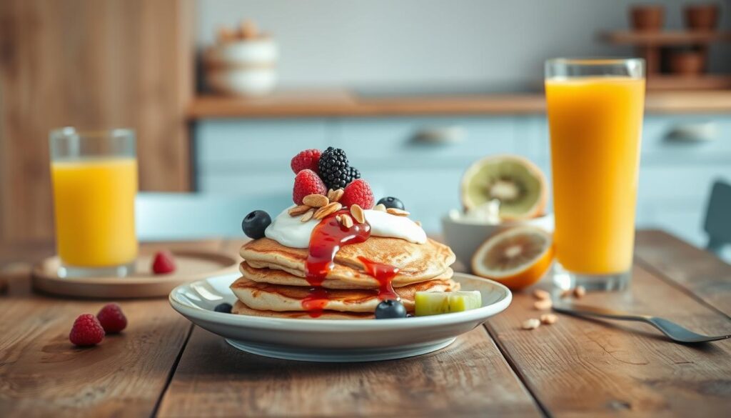 A cozy, minimal kitchen setting with wooden textures and light blue accents. On a rustic wooden table, an arrangement of low-sugar breakfast items: a stack of fluffy whole-grain pancakes drizzled with fresh berries, a bowl of creamy Greek yogurt topped with sliced kiwi and a sprinkle of toasted almonds, and a glass of freshly squeezed orange juice. Warm, natural lighting illuminates the scene, creating a inviting and appetizing atmosphere. The focus is on the vibrant colors and healthy, nutritious ingredients that make up these innovative low-sugar breakfast recipes under 300 calories.