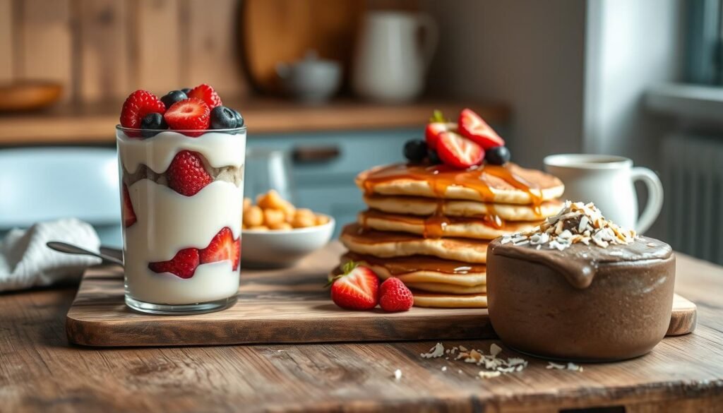 A cozy, minimal kitchen setting with wooden textures and light blue accents. On a rustic wooden table, an assortment of dairy-free breakfast treats - a creamy cashew-based parfait topped with fresh berries, a stack of fluffy pancakes made with almond flour and drizzled with maple syrup, and a rich chocolate avocado mousse garnished with toasted coconut flakes. Soft natural lighting highlights the textures and colors, creating an inviting and indulgent scene for a dairy-free breakfast.