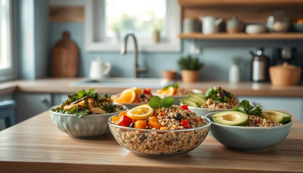 A cozy, minimal kitchen setting with wooden textures and light blue accents. Vibrant quinoa bowls adorn the countertop, showcasing an array of creative variations - a mouthwatering collection of toppings, from roasted vegetables and crisp greens to zesty citrus slices and creamy avocado. Soft, natural lighting highlights the textural contrasts and rich colors, inviting the viewer to explore these nourishing and flavor-packed breakfast options. The composition emphasizes the versatility of quinoa, capturing the essence of the 