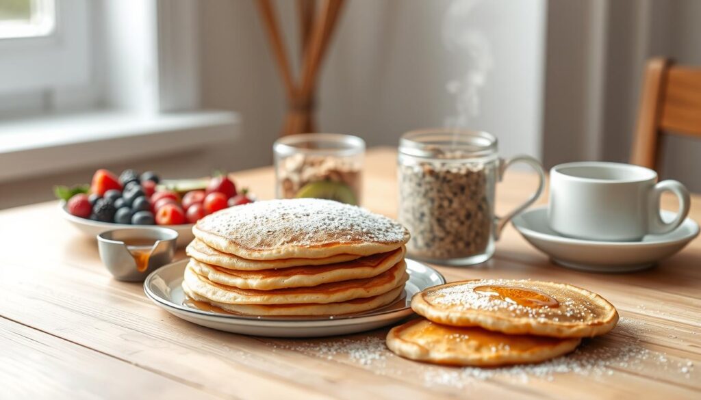 A cozy, minimal kitchen table set with an array of gluten-free breakfast items. In the foreground, a stack of fluffy pancakes, golden-brown and dusted with powdered sugar, alongside a small pitcher of maple syrup. To the side, a platter of fresh berries and sliced kiwi, their vibrant colors contrasting with the wooden table surface. In the middle ground, a glass jar filled with overnight oats, topped with toasted nuts and a drizzle of honey. In the background, a simple white mug steams with a warm, aromatic beverage, perhaps a gluten-free latte or herbal tea. The scene is bathed in soft, natural lighting filtering through a nearby window, casting a gentle glow on the carefully curated arrangement.