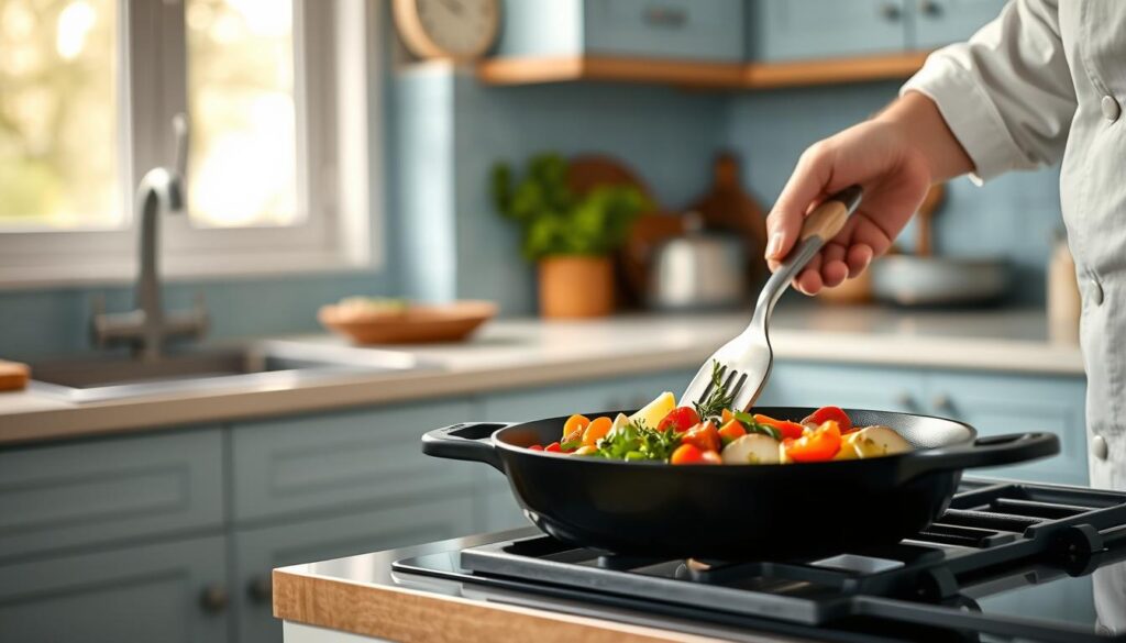 A cozy, minimal kitchen with light blue accents and warm wooden textures sets the stage for an artful display of oven skillet cooking techniques. In the foreground, a cast-iron skillet sizzles with a medley of fresh vegetables, their vibrant colors and textures captured by soft, even lighting. In the middle ground, a chef's hand expertly manipulates a cooking utensil, demonstrating the fluid motions and precision required for time-saving meal prep. The background features a clean, uncluttered countertop, hinting at the ease and efficiency of the one-pan method. The overall atmosphere exudes a sense of calm competence, inviting the viewer to imagine the delicious and effortless results of these oven skillet cooking techniques.