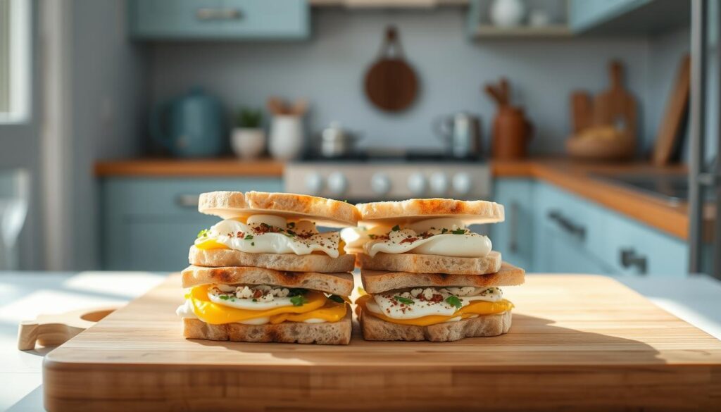 A cozy, minimal kitchen with light blue accents and warm wooden textures. In the foreground, a batch of freshly assembled breakfast sandwiches are being prepared, their layers of fluffy eggs, creamy feta cheese, and fragrant Mediterranean herbs and spices glistening under the soft, natural lighting. The sandwiches are arranged neatly on a wooden cutting board, ready to be frozen for convenient and delicious on-the-go meals. The background is blurred, allowing the focus to remain on the expertly crafted sandwiches, a testament to the art of batch cooking and meal prepping.