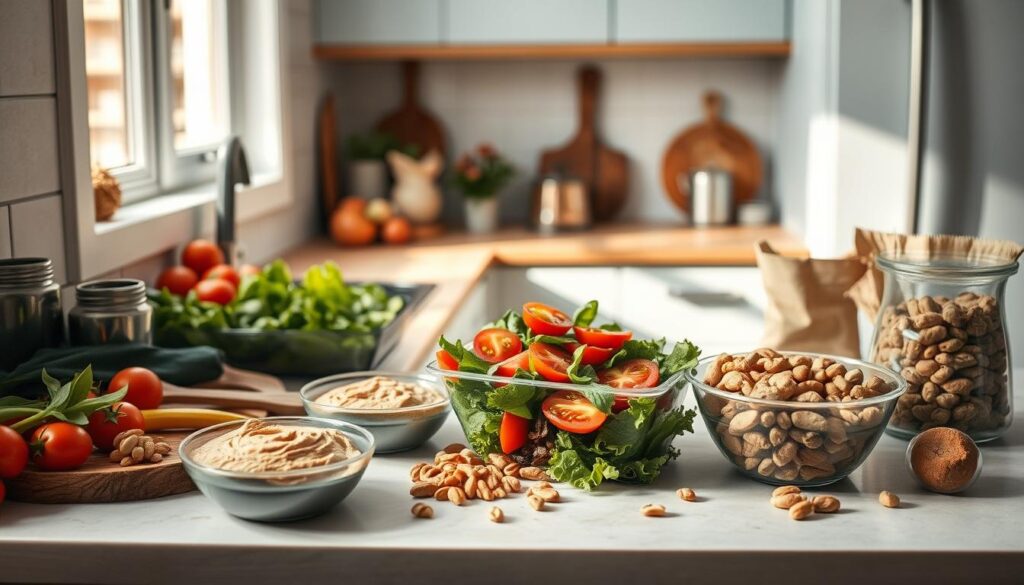 A cozy, minimal kitchen with light blue accents and warm wooden textures. On the countertop, an assortment of fresh produce, chilled salads, and portable snacks arranged artfully. Crisp greens, juicy tomatoes, creamy hummus, and protein-packed nuts create a visually appealing and nutritious no-cook meal. Sunlight filters through the kitchen window, casting a soft, natural glow. The scene exudes a sense of simplicity, balance, and effortless nourishment, embodying the 