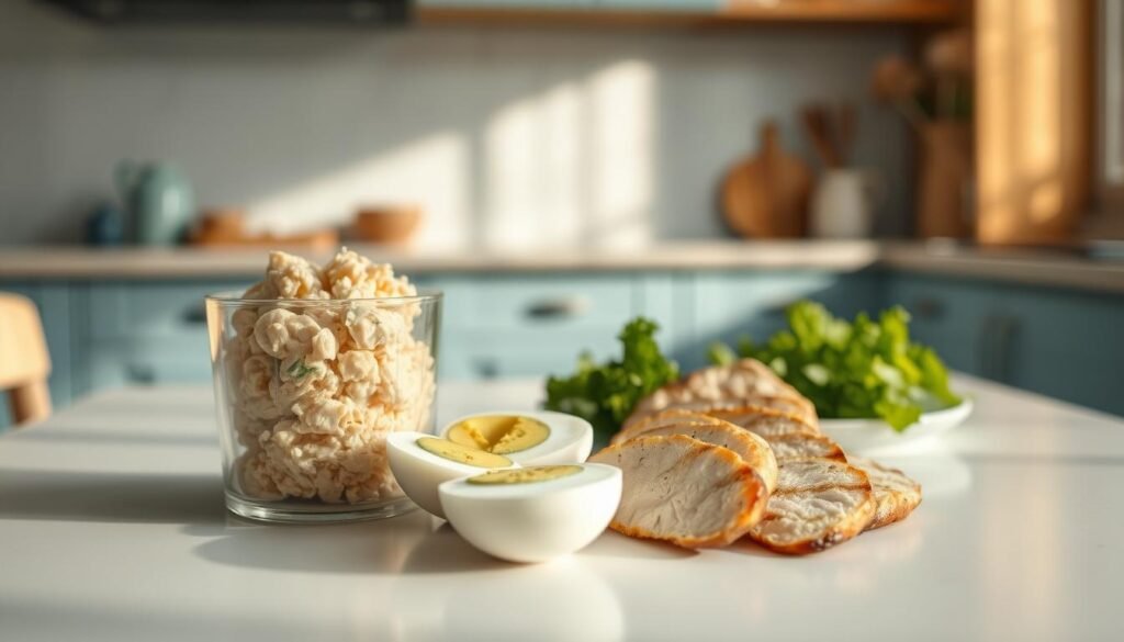 A cozy, minimal kitchen with light blue accents and wood textures. On a white table, a selection of protein-packed cold lunch options neatly arranged: a glass container with tuna salad, hard-boiled eggs in their shells, and sliced grilled chicken breast. The food is bathed in warm, natural light, casting soft shadows. The scene conveys a sense of simplicity and healthfulness, perfect for a road trip-friendly, no-heat lunchbox meal.