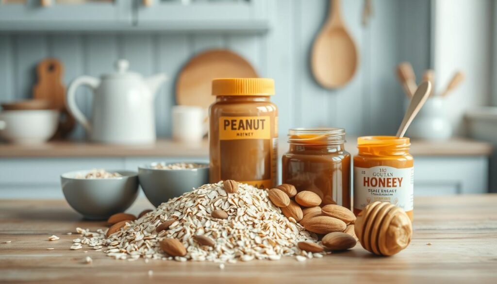 A cozy, minimal kitchen with light blue accents and wooden textures provides the backdrop for an arrangement of oats, almonds, peanut butter, and honey. The ingredients are carefully displayed in a natural, harmonious composition, inviting the viewer to discover the essential elements needed for delicious and nutritious no-heat energy bites. Soft, diffused lighting casts a warm glow, emphasizing the wholesome, natural qualities of the scene. The overall mood is one of simplicity, comfort, and culinary inspiration.
