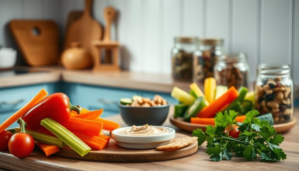 A cozy, minimal kitchen with light blue accents and wooden textures sets the stage for a delectable display of diabetic-friendly snacks. In the foreground, a selection of fresh, colorful produce - sliced bell peppers, carrot sticks, and cherry tomatoes - nestled on a wooden cutting board. In the middle ground, a small bowl of creamy hummus and a plate of crunchy crackers or whole-grain crackers. In the background, a few glass jars filled with mixed nuts, seeds, and dried berries, adding a touch of natural sweetness. The lighting is soft and natural, highlighting the textures and vibrant hues of the healthy, easy-to-prepare snacks. The overall atmosphere conveys simplicity, nourishment, and a mindful approach to blood sugar control.