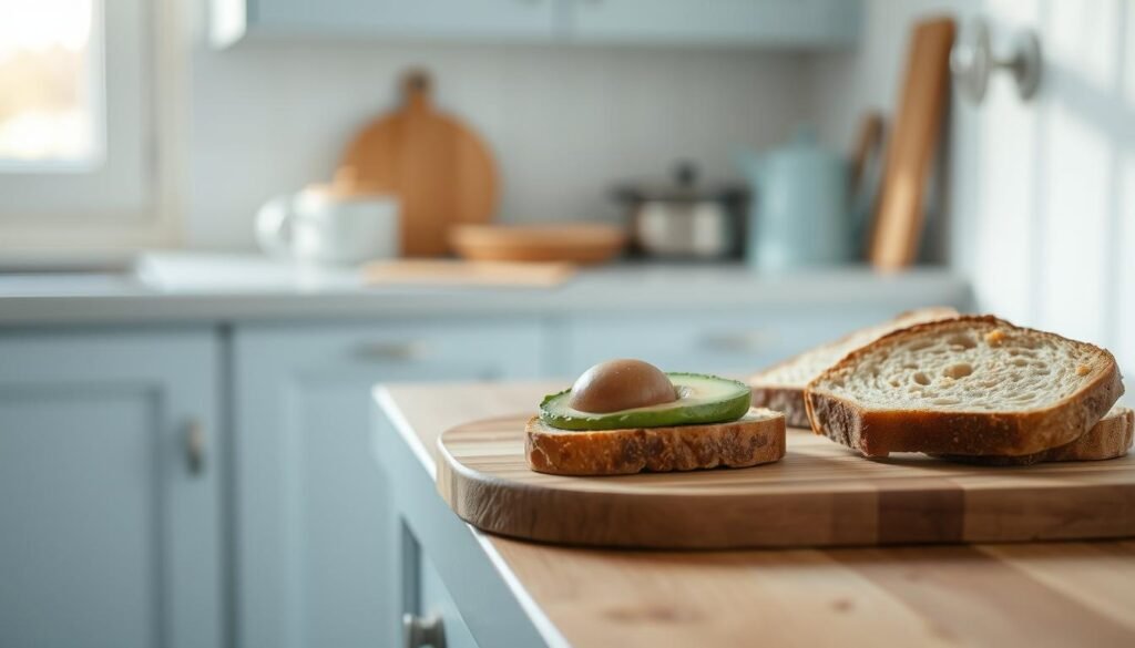 A cozy, minimal kitchen with light blue accents and wooden textures sets the stage for a thoughtful preparation of avocado toast. On a wooden cutting board, an artfully ripe avocado sits alongside slices of freshly baked bread, their textures and colors complementing each other. The scene is bathed in soft, natural light that filters through a nearby window, creating a sense of tranquility and mindfulness. The camera angle is slightly elevated, inviting the viewer to appreciate the simplicity and care in the essential ingredients and their arrangement.