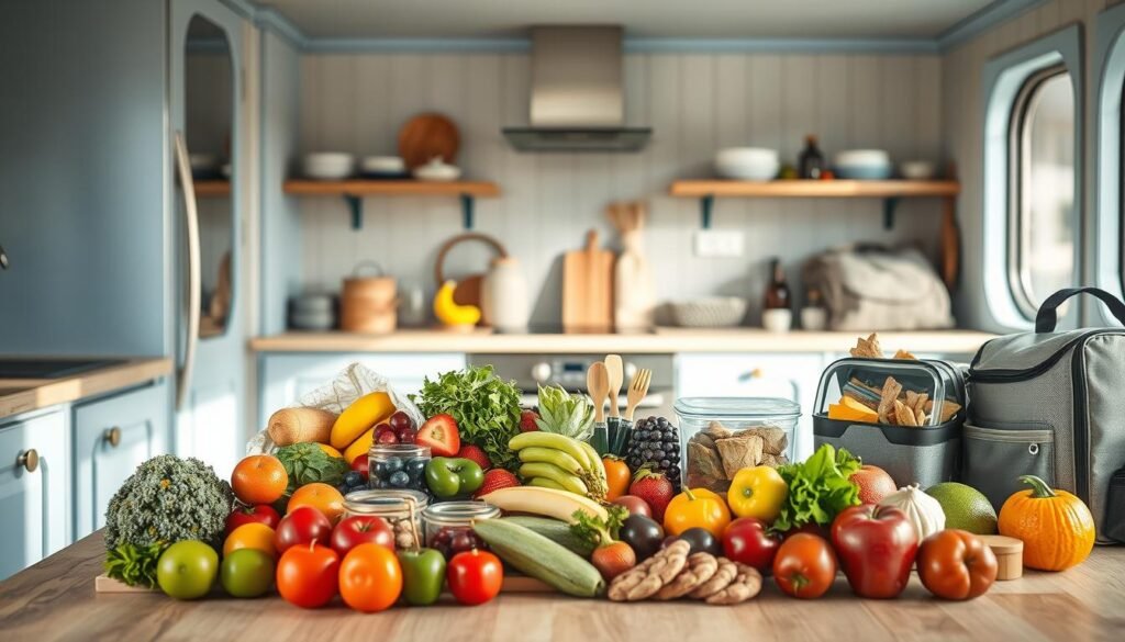 A cozy, minimal kitchen with light blue accents and wooden textures showcases an assortment of healthy, no-heat lunchbox meal ideas. In the foreground, a variety of fresh fruits, vegetables, and portable snacks are neatly arranged, inviting the viewer to explore nutritious options for their next road trip. The middle ground features various airtight containers, reusable utensils, and insulated bags, hinting at the convenience and portability of these "no heat lunchbox meals road trip" ideas. The background subtly suggests an atmosphere of simplicity and organization, with clean lines and a serene ambiance, reflecting the ease and practicality of these healthy and tasty meal solutions.