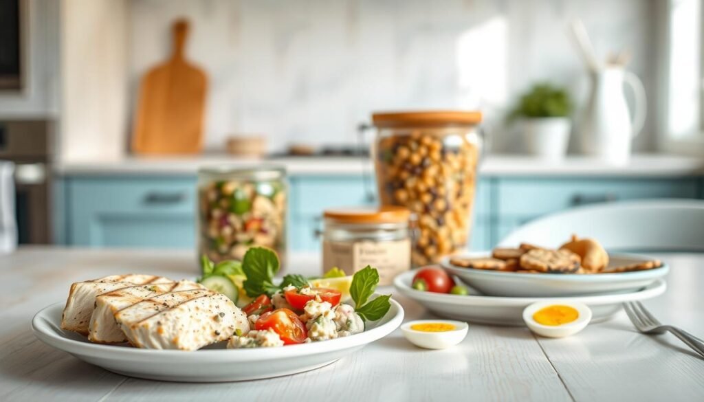 A cozy, minimal kitchen with light blue accents and wooden textures, showcasing a variety of protein-packed lunch options. In the foreground, a plate displays an artfully arranged selection of grilled chicken breast, tuna salad, and hard-boiled eggs, accompanied by fresh veggies and a sprinkle of seeds. In the middle ground, a glass container holds a colorful quinoa and chickpea salad, while a small jar of almond butter sits nearby. The background features a clean, uncluttered space, inviting the viewer to imagine preparing and packing these nourishing, no-heat lunchbox meals for a summer-friendly, protein-packed midday refuel.