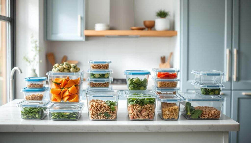 A cozy, minimal kitchen with light blue accents and wooden textures. On a marble countertop, various glass and plastic containers in different shapes and sizes are neatly arranged, creating a well-organized meal prep storage solution. The containers are filled with a variety of fresh ingredients, like chopped vegetables, grains, and proteins, ready to be assembled into nutritious, no-heat lunchbox meals. The lighting is soft and natural, highlighting the clean, minimalist design of the storage system. The overall atmosphere conveys a sense of efficiency and thoughtful meal planning.