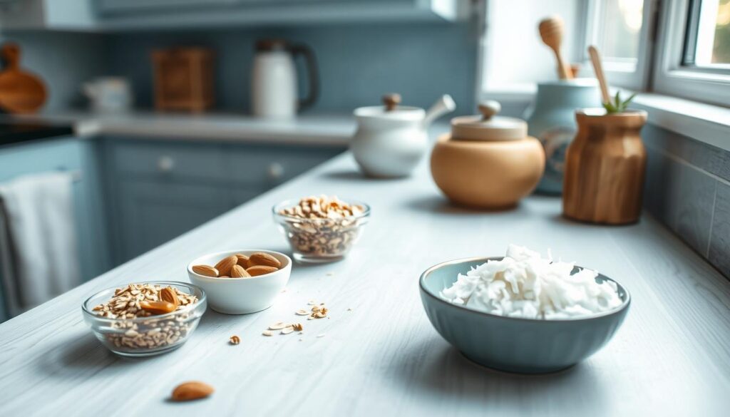 A cozy, minimal kitchen with light blue accents and wooden textures. On the counter, a collection of healthy, natural ingredients - rolled oats, chia seeds, almonds, honey, and coconut flakes - arranged in small bowls, their vibrant colors and textures contrasting against the muted tones of the space. The lighting is soft and diffused, creating a warm, inviting atmosphere. The camera angle captures the scene from above, showcasing the careful preparation of these nourishing energy bites, ready to provide an afternoon boost.