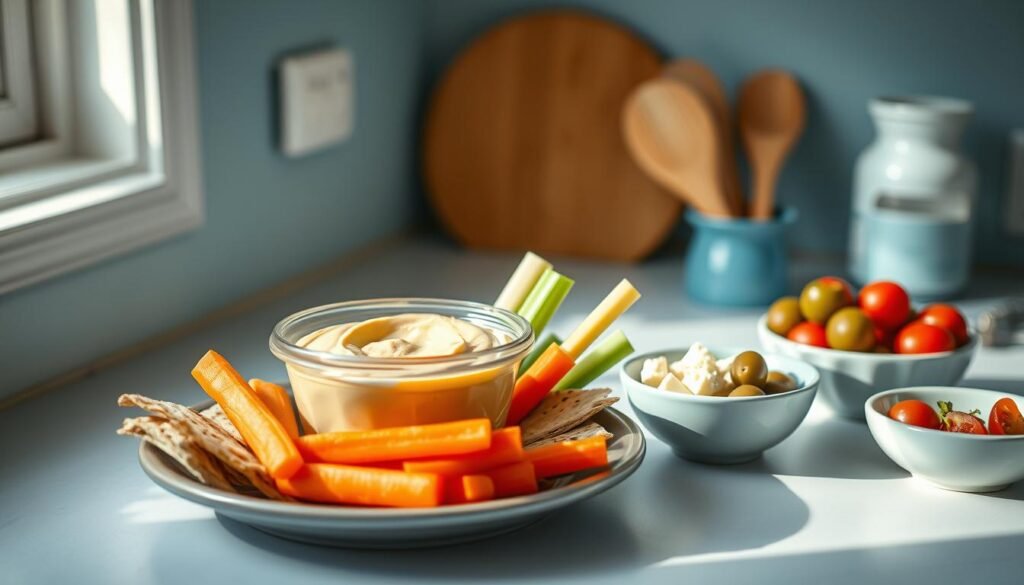 A cozy, minimal kitchen with light blue accents and wooden textures. On the counter, an assortment of cold lunch ideas: a glass container filled with creamy hummus, surrounded by crunchy carrot sticks, celery stalks, and crisp pita triangles. Nearby, a selection of small bowls hold olives, cherry tomatoes, and a tangy feta dip. The scene is bathed in soft, natural light, creating a calming, inviting atmosphere for a nourishing, no-heat lunchbox meal.