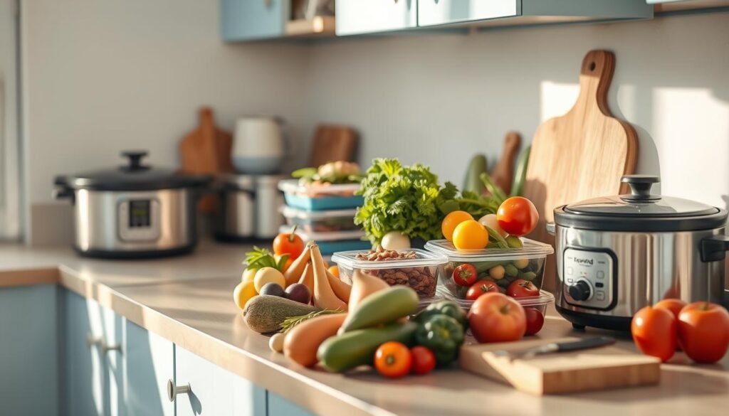 A cozy, minimal kitchen with light blue accents and wooden textures. On the countertop, a variety of fresh, seasonal produce sits alongside stackable meal prep containers, a slow cooker, and a cutting board. A clean, organized space that exudes efficiency and simplicity, inviting the busy professional to craft nutritious, time-saving meals with ease. Soft, natural lighting illuminates the scene, highlighting the vibrant colors and textures of the ingredients. The atmosphere is one of calm, intentional focus, reflecting strategies for maximizing flavor and convenience in meal preparation.