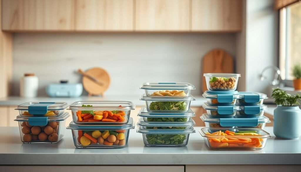 A cozy, minimal kitchen with light wood textures and soft blue accents showcases a variety of reusable glass meal storage containers on a sleek kitchen counter. The containers are neatly arranged, their contents visible through the transparent glass, highlighting the freshness and organization of a well-planned meal prep system. Warm, natural lighting gently illuminates the scene, creating a serene and inviting atmosphere. The overall composition emphasizes the efficiency and thoughtfulness of smart meal storage solutions for busy weekday lunches.