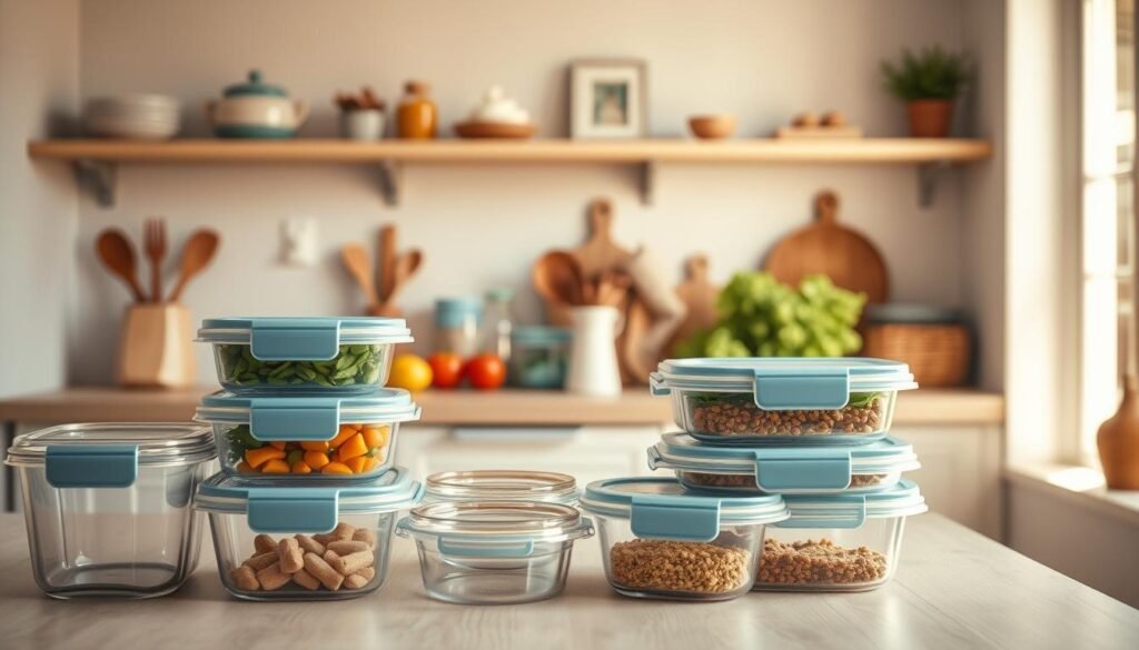A cozy, minimal kitchen with light wooden textures and soft blue accents. In the foreground, an assortment of glass meal prep containers, their lids sealed tight, sit neatly arranged on the counter. In the middle ground, fresh produce, spices, and baking ingredients suggest a well-stocked pantry, ready to support healthy, flavorful meals. The background features clean, open shelves displaying a few decorative elements, creating a sense of order and tranquility. Warm, natural lighting from a nearby window casts a gentle glow, evoking a peaceful, stress-free atmosphere perfect for mindful meal prep.