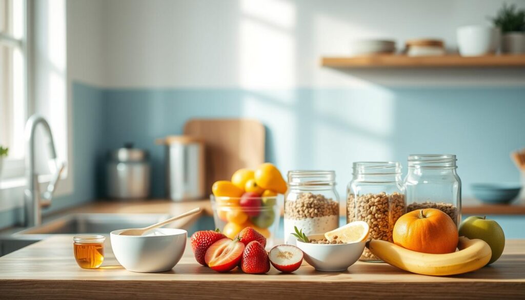 A cozy, minimal kitchen with soft, natural lighting illuminates a clean, wooden countertop. In the foreground, a selection of fresh fruits, yogurt, and honey are neatly arranged, suggesting a quick, nutritious breakfast. In the middle ground, various containers and jars hold pre-portioned overnight oats, chia pudding, and granola, ready to be grabbed on the go. The background features simple, light blue accents that complement the warm, earthy tones, creating a calming, inviting atmosphere.