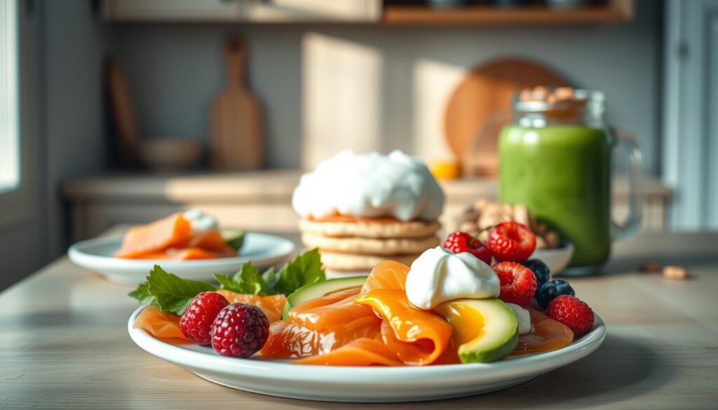 A cozy, minimal kitchen with soft wooden textures and light blue accents. In the foreground, an artfully arranged spread of keto-friendly breakfast items - savory smoked salmon, creamy avocado, fresh berries, and a swirl of whipped cream. The middle ground features a fluffy cloud-like keto pancake, drizzled with sugar-free syrup. In the background, a glass jar holds a vibrant green keto smoothie, complemented by a handful of raw nuts. The lighting is soft and natural, casting a warm glow over the scene. The overall mood is one of health, innovation, and culinary delight.