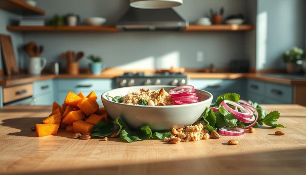 A cozy, minimal kitchen with warm wooden countertops and light blue accents sets the stage for an artful display of creative meal prep bowl swaps. In the foreground, a variety of vibrant, nutrient-dense ingredients are arranged in a visually striking composition - roasted sweet potatoes, quinoa, sautéed spinach, pickled red onions, and toasted almonds. The middle ground features a sleek, ceramic bowl that serves as the canvas for this culinary masterpiece, casting soft shadows across the tabletop. Careful lighting from above accentuates the textures and colors, creating a welcoming, inviting atmosphere that encourages exploration and experimentation with wholesome, satisfying ingredients.