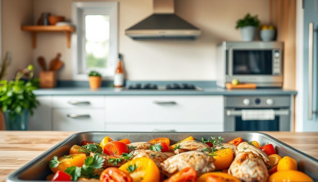 A cozy, minimal kitchen with warm wooden textures and light blue accents sets the stage for a delectable sheet pan dinner. In the foreground, an array of vibrant vegetables, tender chicken, and fragrant herbs are artfully arranged on a large, rimmed baking sheet, ready to be roasted to perfection. The middle ground showcases the sheet pan, its matte finish reflecting the soft, even lighting from above. In the background, a clean, uncluttered countertop and simple, modern appliances create a serene and efficient atmosphere, inviting the viewer to imagine the comforting aromas and satisfying flavors of this effortless, one-pan meal.