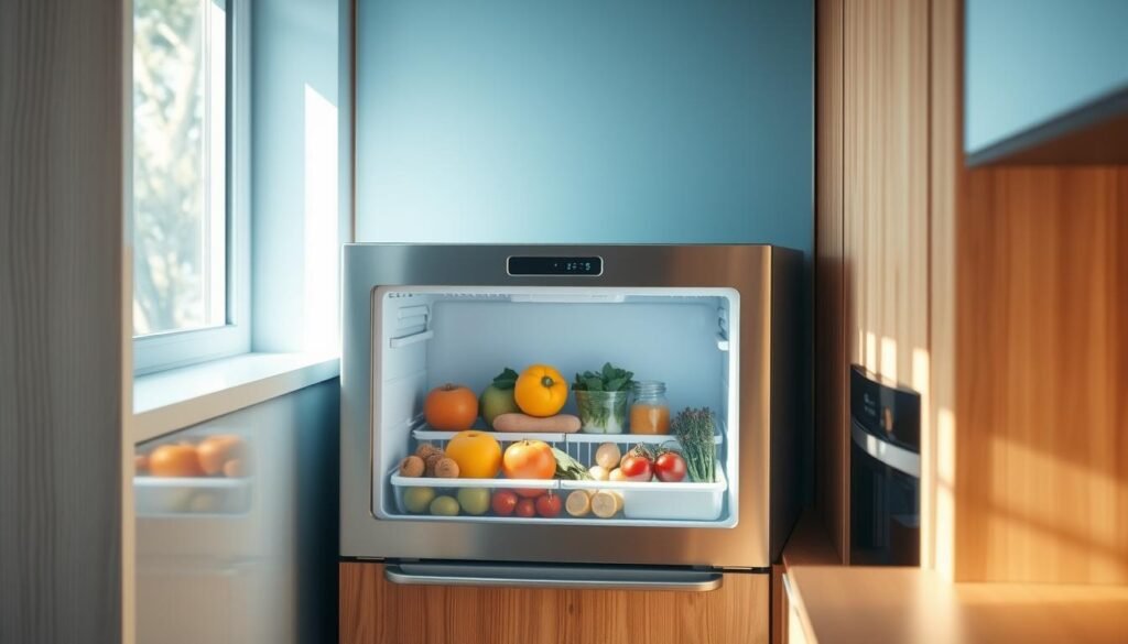 A cozy, minimal kitchen with warm wooden textures and light blue accents showcases a temperature-controlled food storage unit. The unit features sleek, brushed metal trim and a digital display, maintaining the perfect chilled environment for a variety of fresh, vibrant ingredients. Ambient lighting gently illuminates the scene, creating an inviting atmosphere for meal preparation. The overall composition emphasizes organization, efficiency, and a commitment to preserving the quality and freshness of the food.
