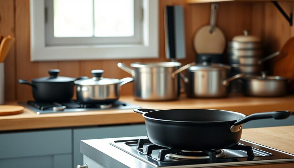 A cozy, minimal kitchen with warm wooden textures and light blue accents showcases a variety of one-pot cookware solutions. In the foreground, a high-quality cast-iron skillet sits atop a modern gas stove, ready for quick meal preparation. In the middle ground, a sleek, stainless-steel Dutch oven stands tall, its lid slightly ajar, hinting at the delicious meal simmering within. In the background, a collection of other versatile pots and pans are neatly arranged, their simple yet elegant designs complementing the overall aesthetic. The lighting is soft and inviting, casting a gentle glow across the scene, creating a cozy and effortless atmosphere for easy cleanup and meal prep.
