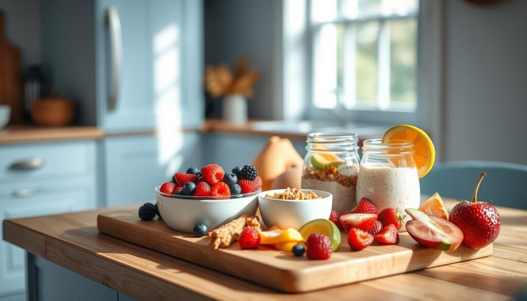 A cozy, minimal kitchen with warm wooden textures and light blue accents. A variety of no-cook breakfast ingredients are artfully arranged on a wooden cutting board - fresh berries, granola, yogurt, overnight oats, and sliced fruit. Soft, natural lighting illuminates the scene, creating a calming, inviting atmosphere. The focus is on simple, healthy options that can be prepared in advance for a hassle-free morning. The overall impression is one of effortless, nourishing sustenance in the hot summer season.