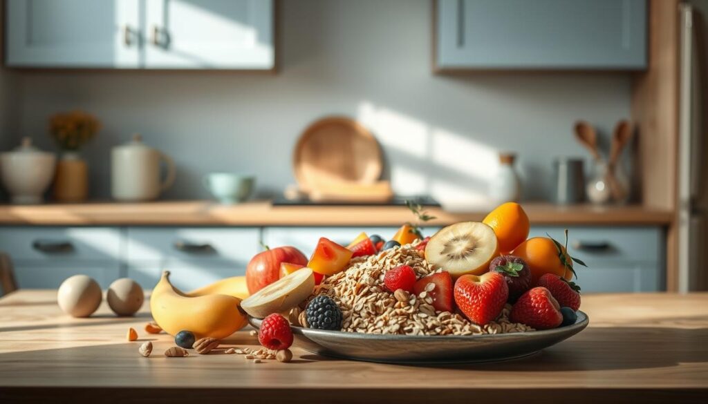 A cozy, minimal kitchen with warm wooden textures and light blue accents. At the center, an artfully arranged still life of dairy-free nutrition - vibrant fruits, nuts, and superfoods like chia seeds, oats, and granola. Soft, natural lighting illuminates the scene, casting gentle shadows and highlights the rich colors and textures. A sense of simplicity and nourishment permeates the atmosphere, inviting the viewer to savor a wholesome, dairy-free breakfast.