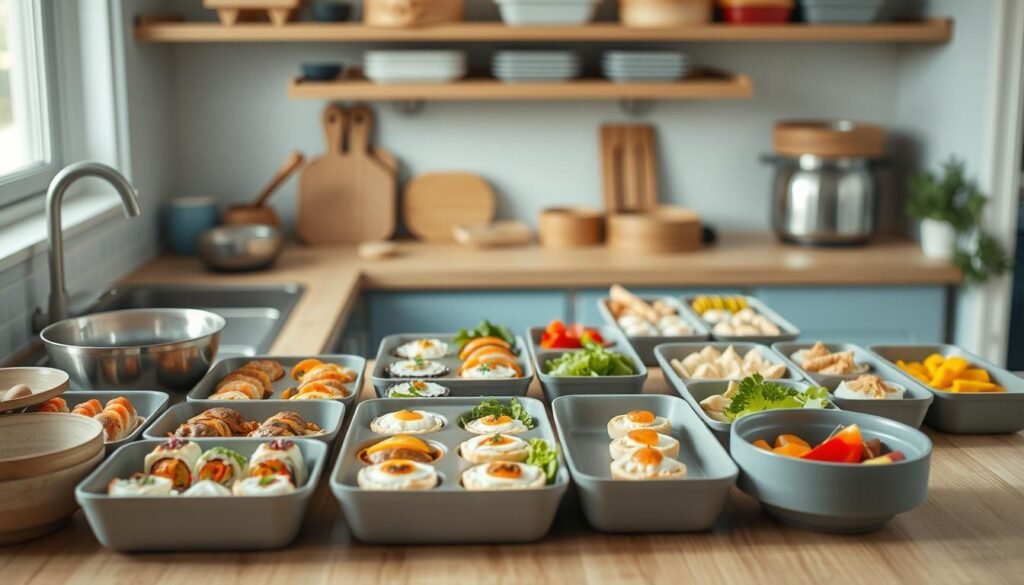 A cozy, minimal kitchen with warm wooden textures and light blue accents. Carefully arranged bento boxes filled with an array of delicately prepared bite-sized portions - from colorful sushi rolls, to bite-sized quiches, to neatly arranged seasonal vegetables. The lighting is soft and natural, casting a gentle glow over the meticulously organized meal prep. Stainless steel bowls, bamboo steamers, and sleek bento utensils are neatly displayed, hinting at the thoughtful preparation process. The overall atmosphere is one of calm, order, and the joy of crafting nourishing, visually appealing meals.