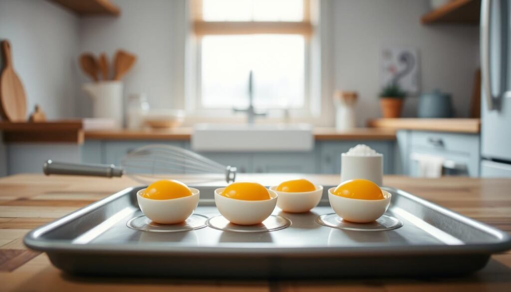 A cozy, minimal kitchen with warm wooden textures and light blue accents. Center stage, a baking sheet holds three fresh eggs, their yolks glistening. A small whisk and a ramekin of salt and pepper stand nearby, ready for seasoning. Soft, diffused lighting from a window casts a gentle glow, highlighting the preparation process. The camera angle focuses tightly on the eggs, emphasizing the simple, but essential steps of baking the perfect breakfast component. No hands are visible, allowing the ingredients and process to take center stage.