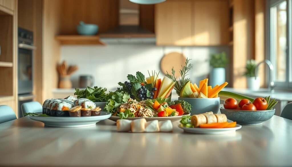 A cozy, minimal kitchen with warm wooden textures and light blue accents. In the center, an array of international cold lunch ideas artfully arranged: sushi rolls, Greek salad, Vietnamese summer rolls, and a colorful assortment of fresh fruits and vegetables. Soft, natural lighting casts a gentle glow, highlighting the vibrant colors and textures of the dishes. The scene conveys a sense of global inspiration and culinary adventure, inviting the viewer to explore new and exciting flavor combinations.