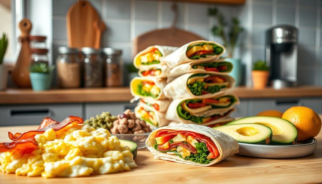 A cozy, minimal kitchen with warm, wooden textures and light blue accents. In the foreground, an array of freshly prepared breakfast items - fluffy scrambled eggs, crisp bacon, and juicy sliced avocado. In the middle ground, a stack of meal-prepped breakfast wraps, their vibrant fillings visible through the transparent packaging. The background features neatly organized spice jars, a sleek coffee maker, and a few potted plants, creating a serene, organized atmosphere. Soft, diffused lighting illuminates the scene, highlighting the nutritious, flavor-packed ingredients and the benefits of batch cooking for a protein-packed morning routine.