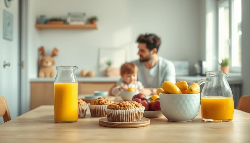 A cozy, minimal kitchen with warm wooden textures and light blue accents. In the foreground, a table showcases a simple yet nourishing breakfast spread - freshly baked muffins, a bowl of seasonal fruits, and a carafe of orange juice. In the middle ground, a child and parent sit together, enjoying the meal and each other's company. The background features a kitchen counter with a few budget-friendly appliances and ingredients, hinting at the ease and affordability of the presented breakfast ideas. Soft, natural lighting illuminates the scene, creating a sense of comfort and family-focused contentment.